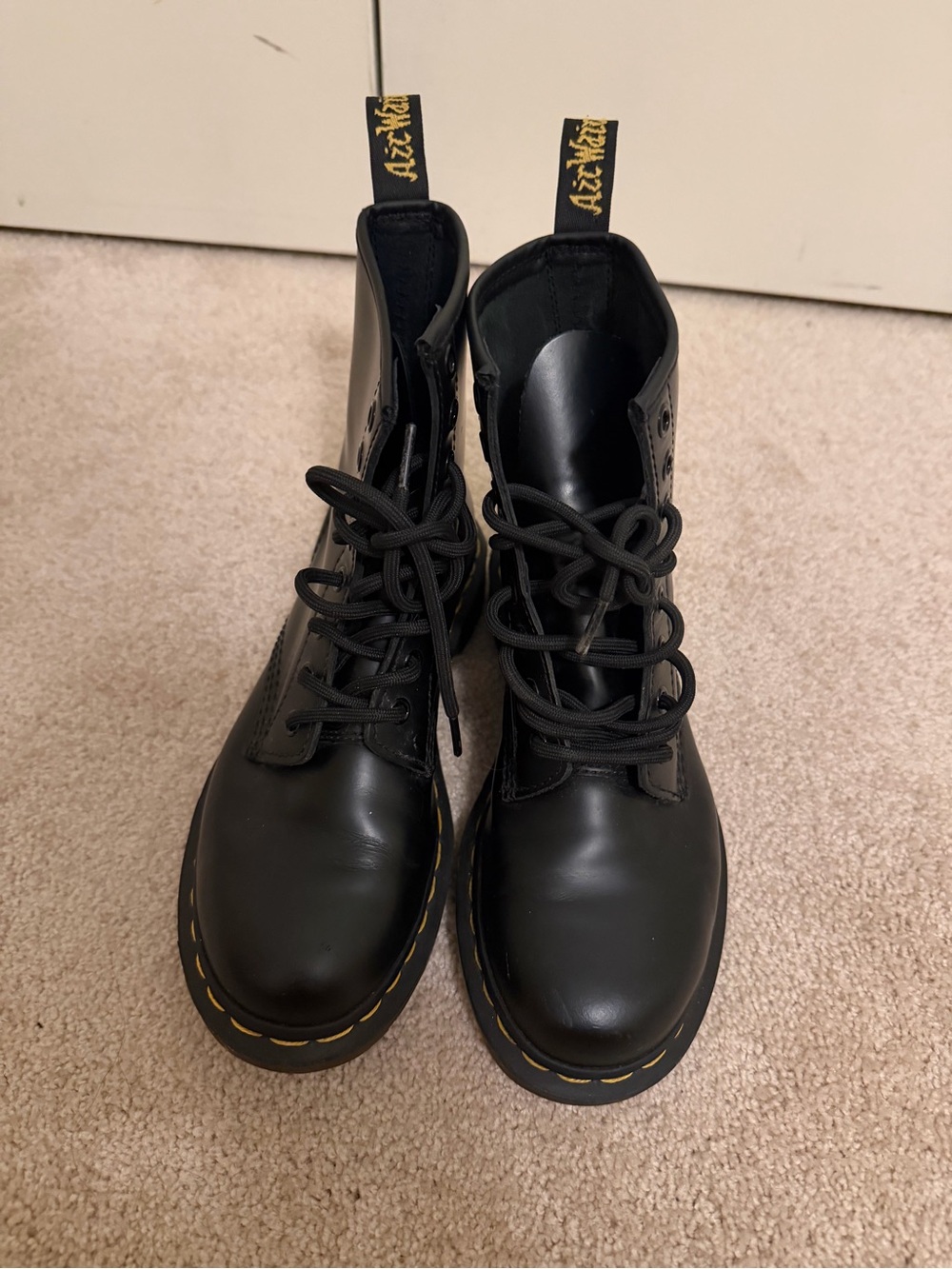 Dr. Martens Black Leather Lace-Up Boots with Yellow Stitching